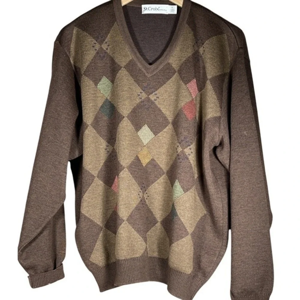St Croix Knits Mens Chocolate Brown Argyle V Neck Sweater 75 Wool M‎ Sweater